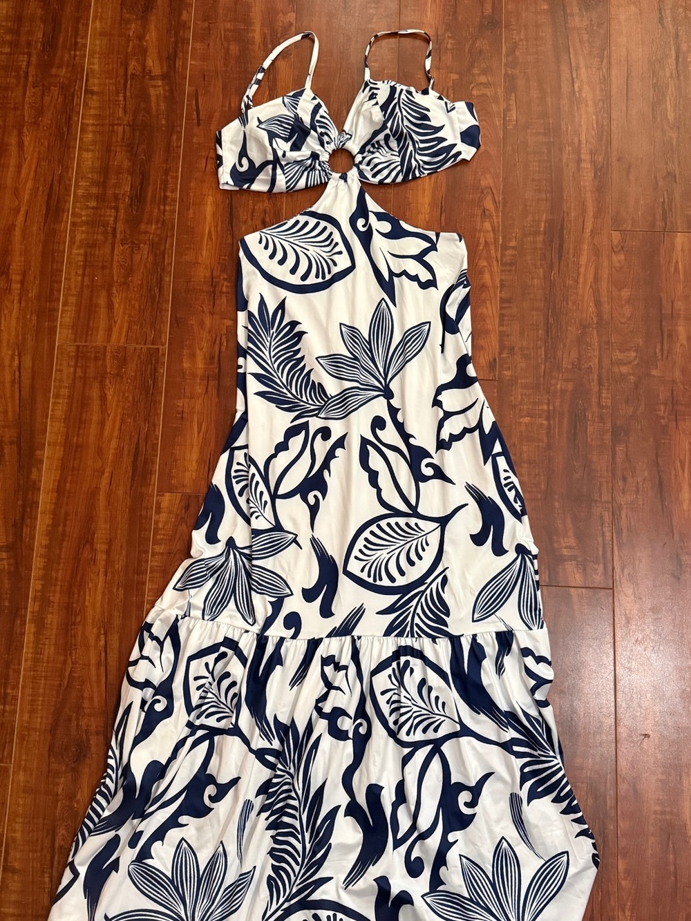 Women's White & Navy Floral Cutout Maxi Dress